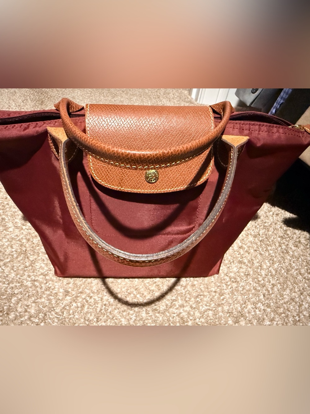 Longchamp Tote Bag in Burgundy with Brown Trim